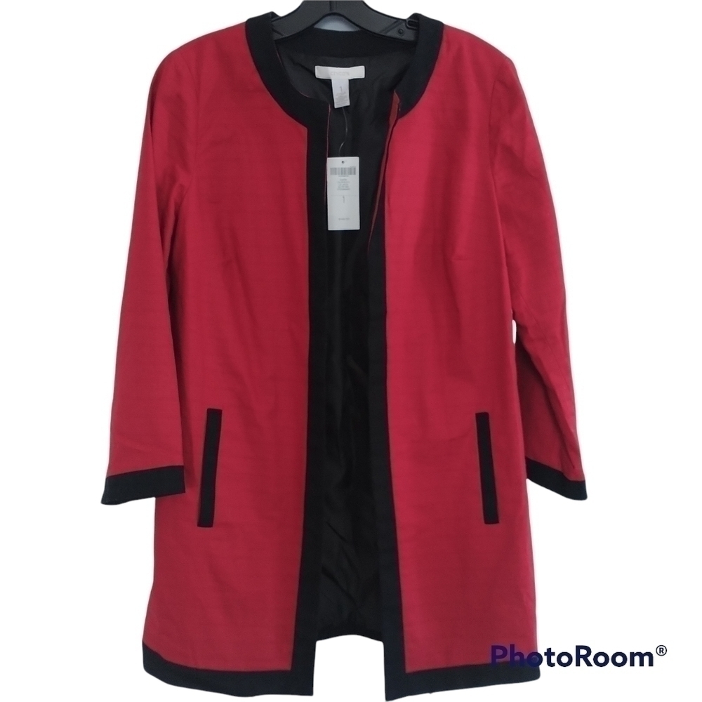 Chico's Color Block Sultry Red Duster Coat Jacket Sz Chico's 1 (US Small) NWT - Picture 3 of 11